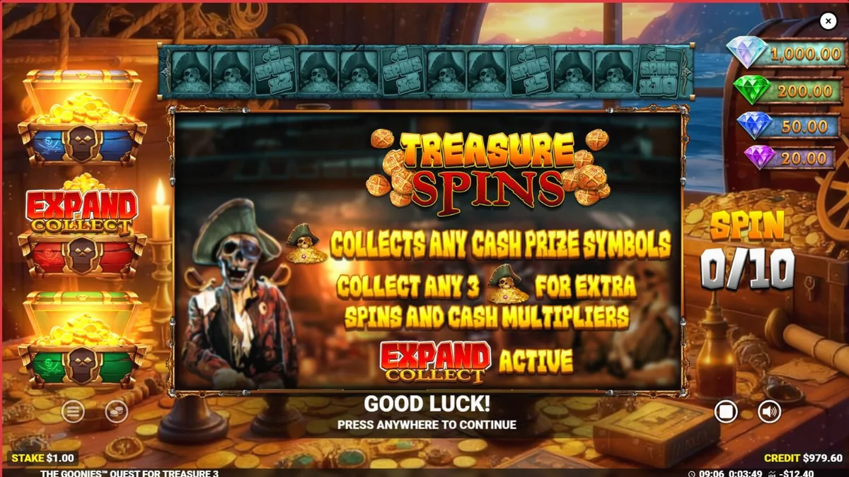 The Goonies Quest for Treasure 3 slot game interface featuring iconic characters and treasure map theme.
