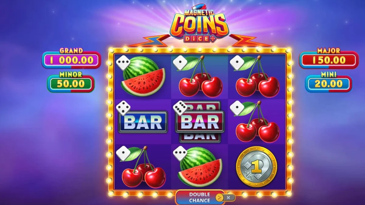 Tampilan visual slot Magnetic Coins Dice dengan simbol koin dan magnet