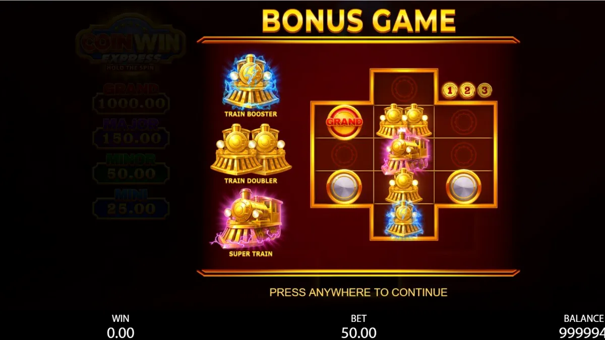 Tampilan antarmuka seluler slot Coin Win Express dengan latar belakang pegunungan berkabut dan simbol kereta emas.
