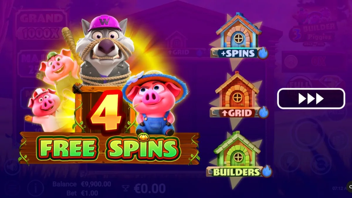 Tampilan visual slot 3 Builder Piggies dengan karakter babi dan elemen bangunan